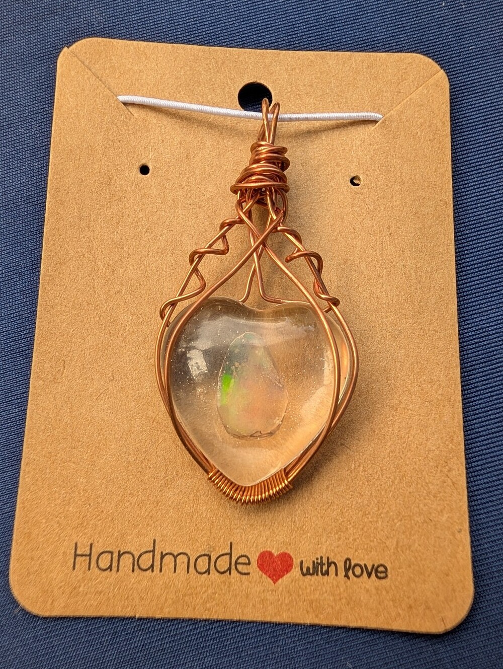 Heart-Shaped Ethiopian Opal In Epoxy Pendant Necklace with Copper Wire Wrap